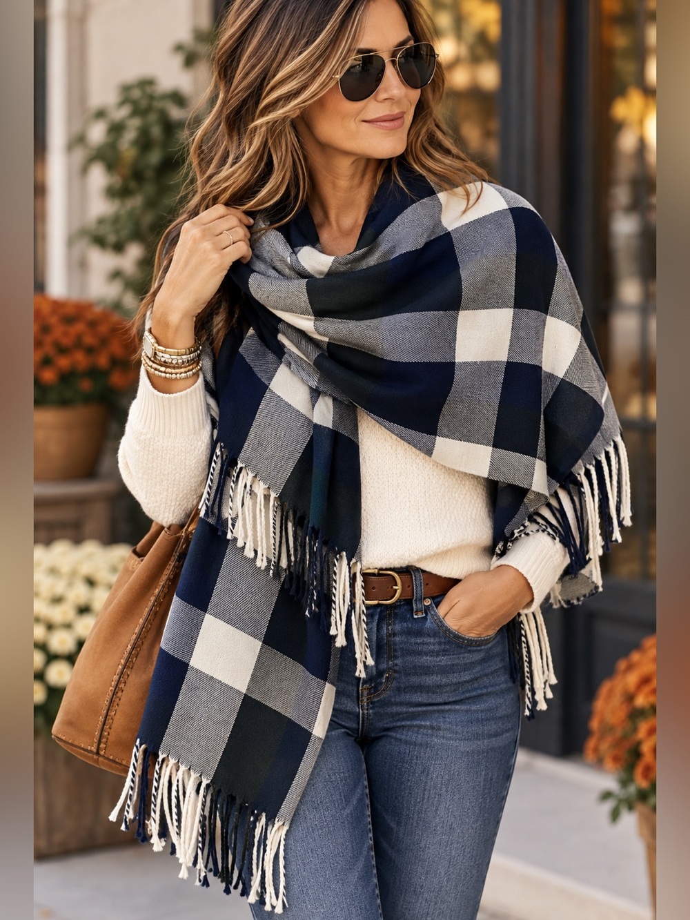 Plush Plaid Fringe Wrap Scarf Navy Gray Ivory NWT